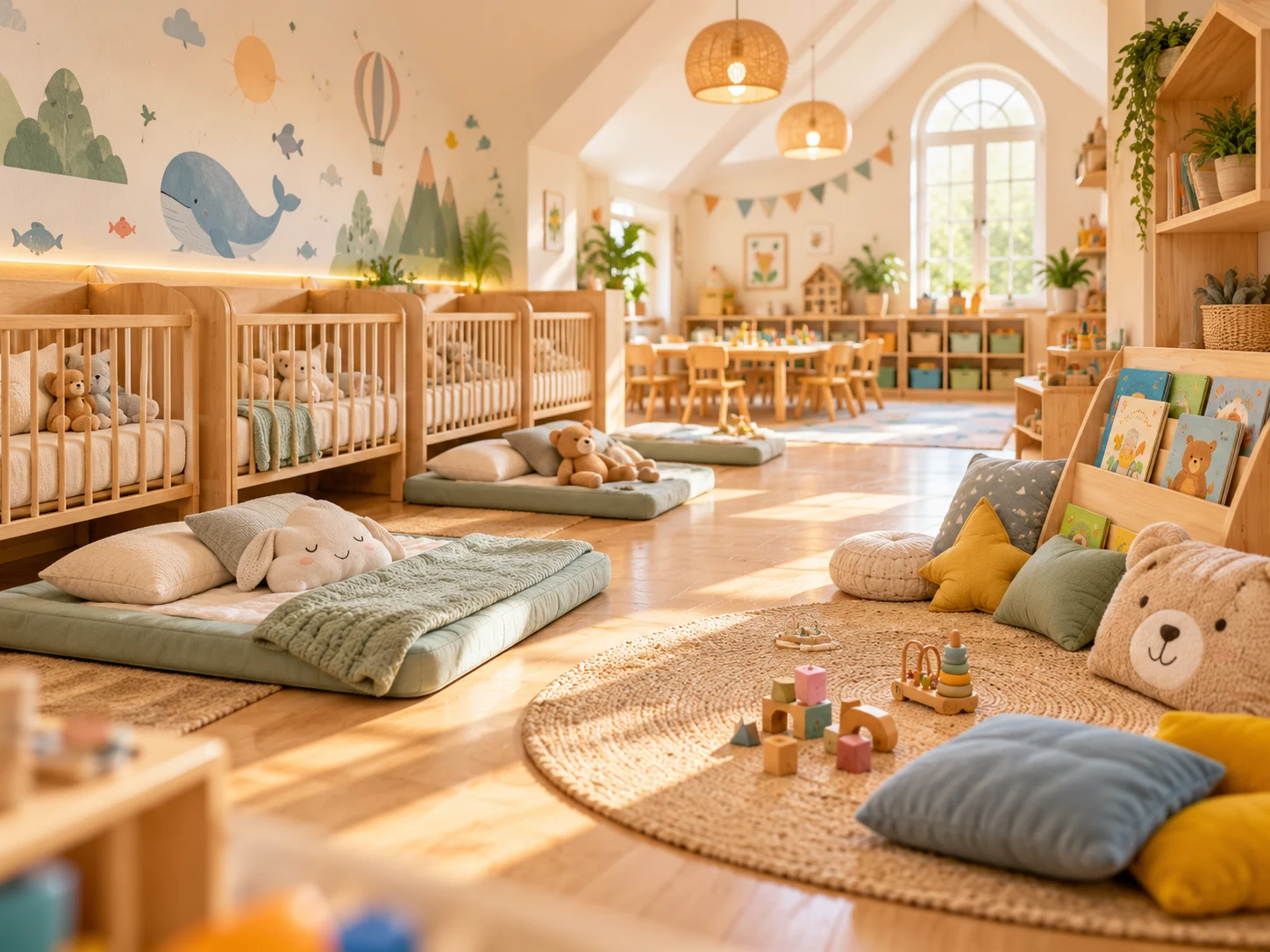 Aula infantil nórdica con rincón de lectura y cuna