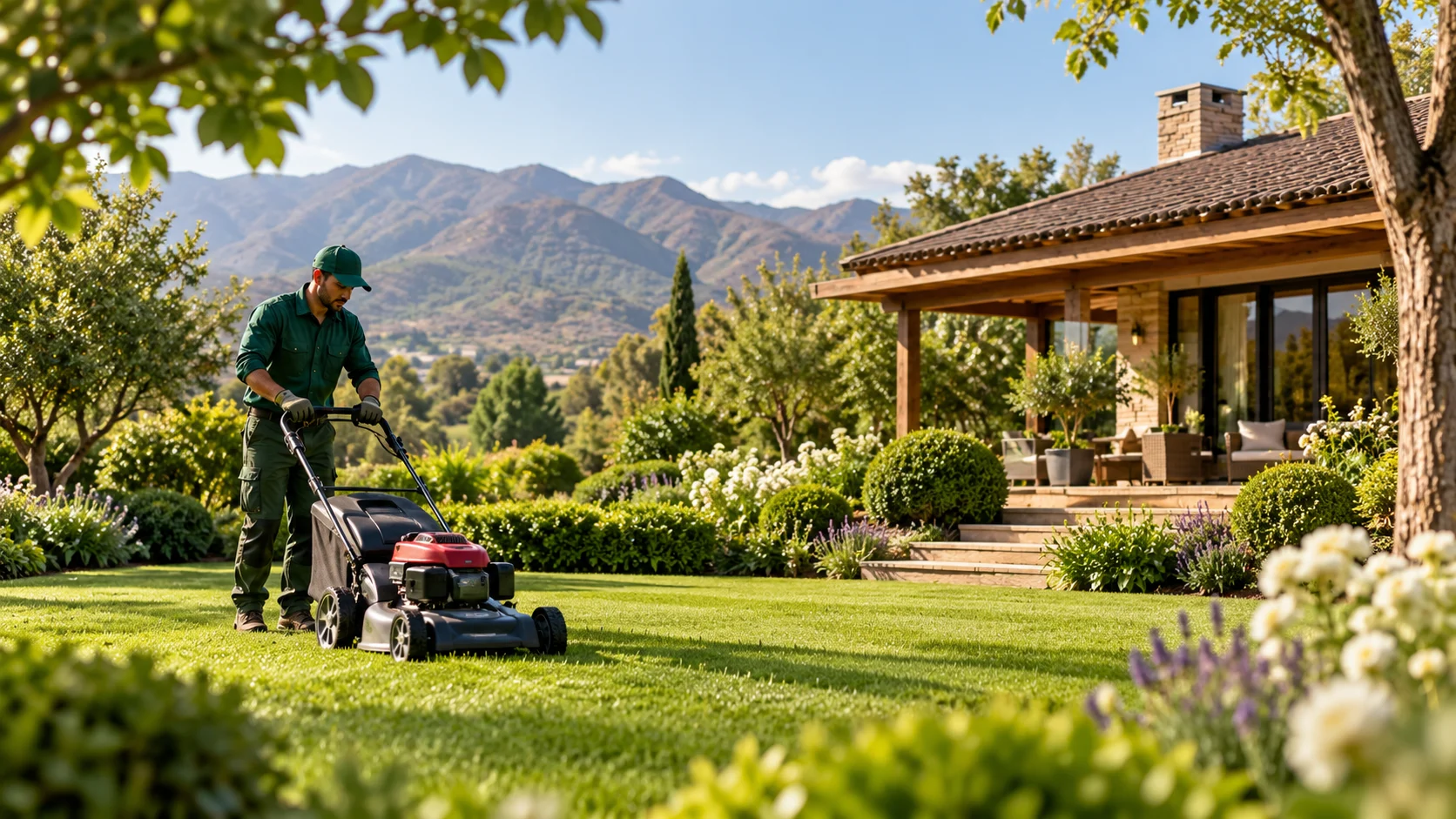 Jardinero cuidando un jardín de lujo