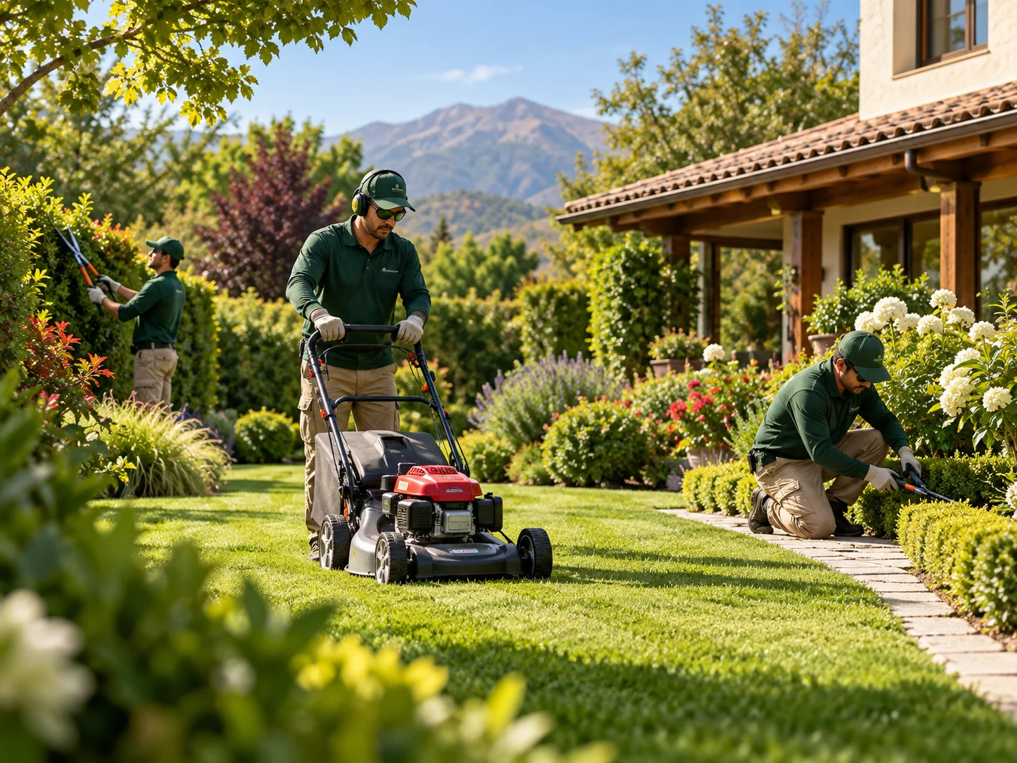 Equipo de jardinería en un jardín montañoso