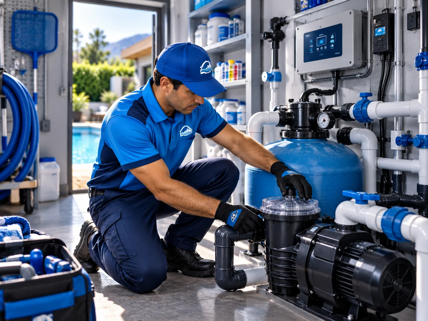 Técnico ajustando sistema de filtración de piscina